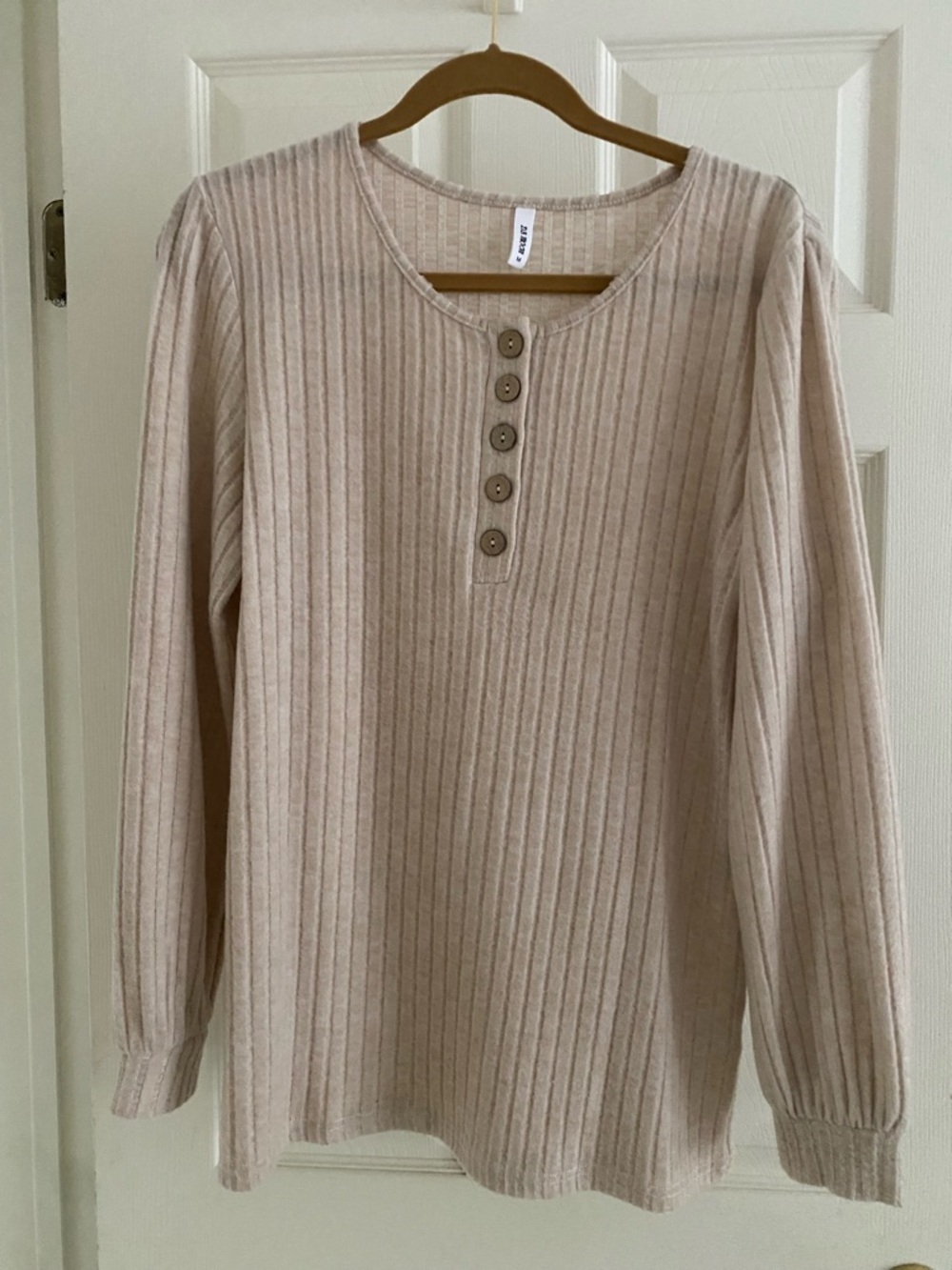 Ribbed Henley Top with Button Placket in Beige